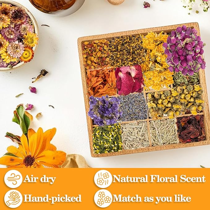 Sukh Dried Herbs Kit - Dried Botanicals Bulk,14 Bags Natural Dry Flowers and Herbs for Soap,Candle,Perfume,Bath Bombs,Resin Jewelry Making Supplies,Fragrance Sachet DIY and Witchcraft