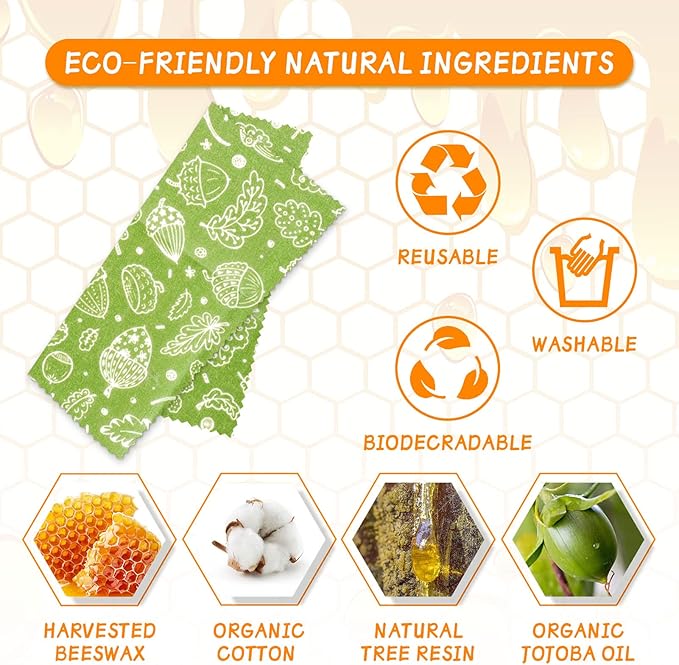 Organic Beeswax Wrap - Reusable Food Wrap Set, 9 Pack - 1L, 5M, 3S Flower Patterns - Sustainable, Sandwich Storage