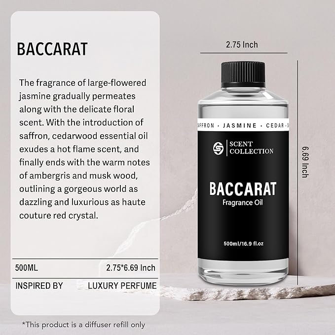 Luxury Hotel Scent Baccarat Diffuser Oil Waterless Essential Aromatherapy for Cold Air & Car Diffusers – Long Lasting Refill for Large Room & Home - Non Toxic,Signature Saffron Cedar(500ml/16.9Fl oz)