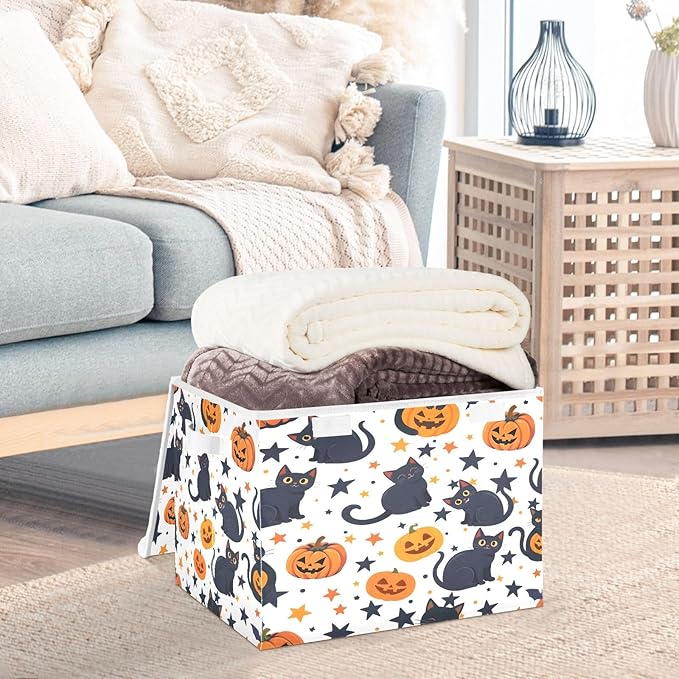 Bolaz Storage Bins with Lids and Handles,Black Cat Pumpkin Pattern Storage Box Basket with Cover Collapsible Organizer Containers for Home Closet, Shelves