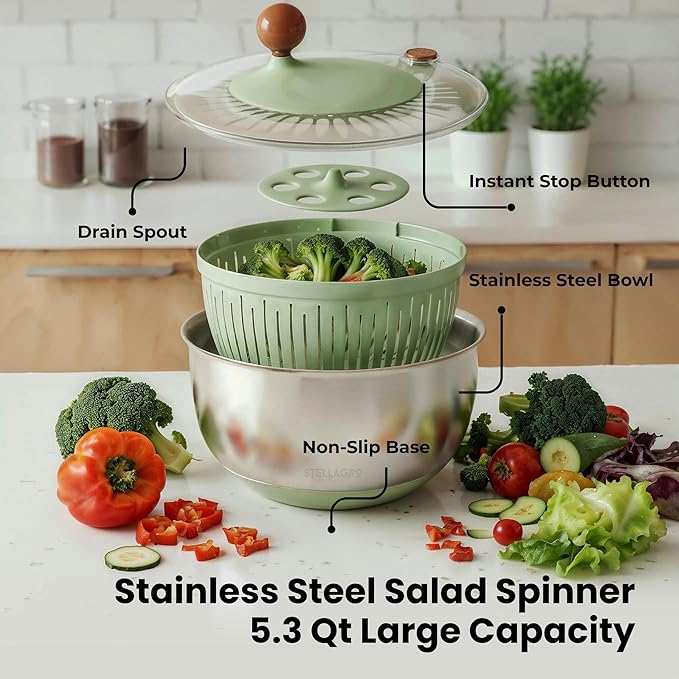 Stainless Steel Salad Spinner Large - Fruit and Vegetable Wash Bowl with Strainer - Lettuce Spinner, Fruit Cleaner, Collapsible Salad Dryer 5.3 Quart Capacity