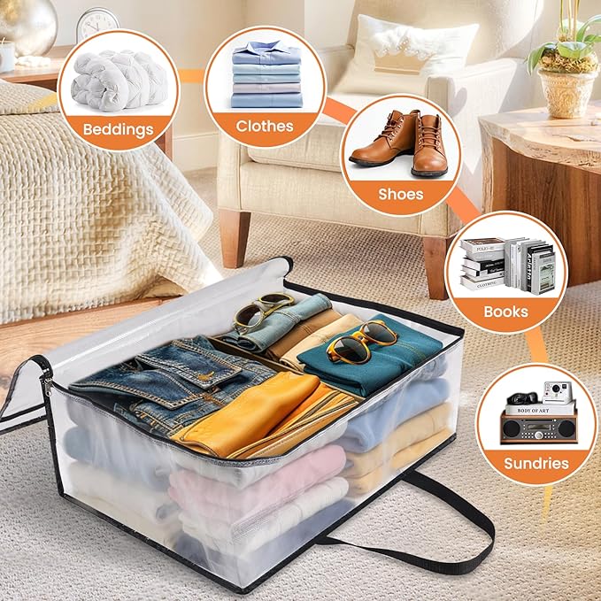 8 Pack Clear Storage Bags for Comforter, Clothes & Bedding, Plastic Blanket Storage with Zipper and Handle, Moving Bags, Closet Organizer and Under-Bed Storage (40L)