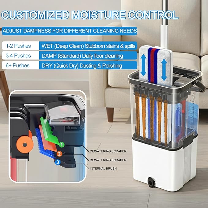 Mop and Bucket with Wringer Set, Flat Floor Mop and Bucket System with Separate Clean Dirty Water, Self Wringing Microfiber Dust Mop for Hardwood Floors, Kitchen, Wall Cleaner - Includes 4 Pads