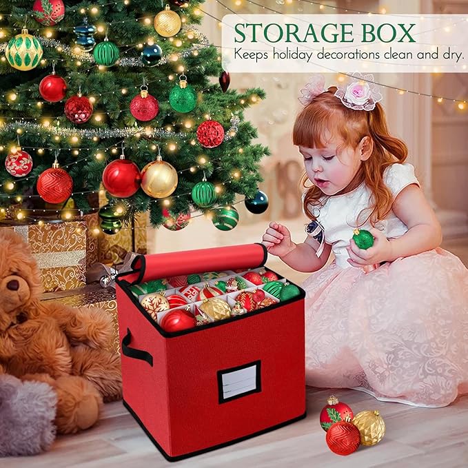 BINSUNS Christmas Ornament Storage Box, Christmas Storage Containers Organizer Bag with Dividers - Fits up to 64 Holiday Xmas Ornaments Decorations 3” Seasons Balls(Mixed Black)