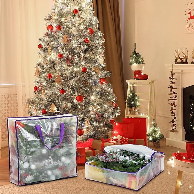 8 Pcs Clear Wreath Storage Bags 26 Inch Christmas Decoration Garland Container Door Garland Holiday Wreath Storage Holder with Handle and Zipper Heavy Duty Plastic Packing Totes(Purple)