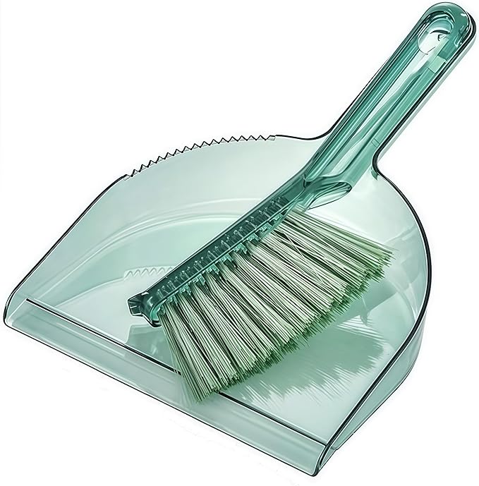 Small Broom with Dustpan Combo Set Mini Broom and Brush Set Hand Sweeper for Cleaning Desk Office Kitchen Pet Nest (Transparent Green)