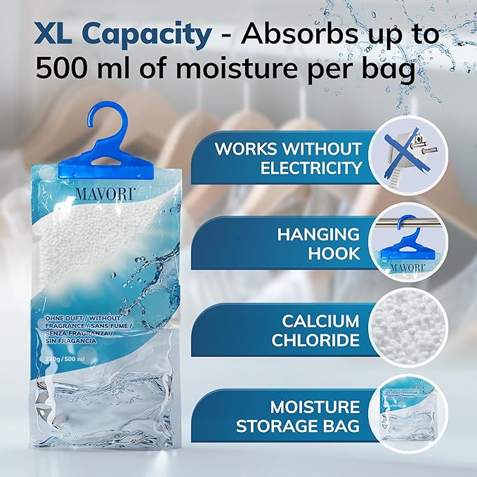 MAVORI Hanging Moisture Absorber Bags, Dehumidifier Bags for Closet, Wardrobe and Laundry Room, Reduce Moisture, Odors, and Dampness, Long-Lasting Humidity Control, 16.9 oz per Bag (Pack of 10)