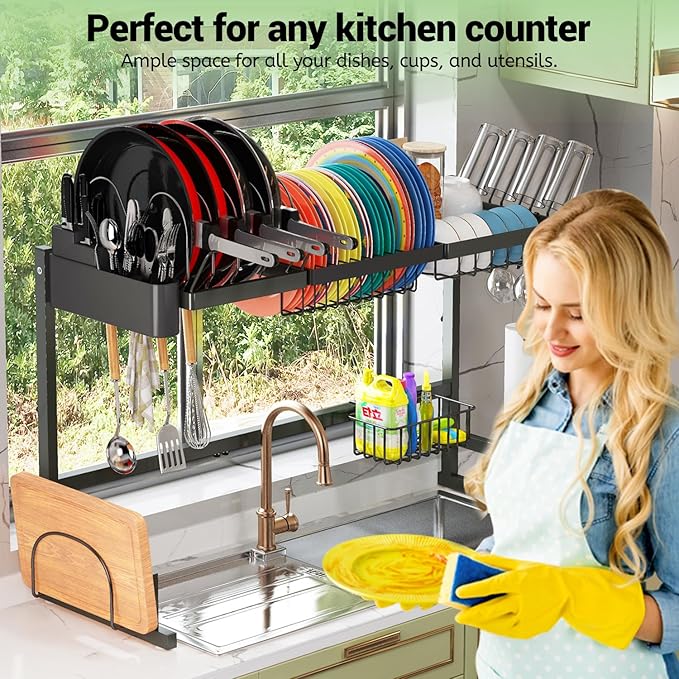 ADBIU Over The Sink (24"- 35.5" L) Dish Drying Rack (Expandable Dimension) Snap-On Design 2 Tier Kitchen Large Dish Drainer Counter Storage Organizer