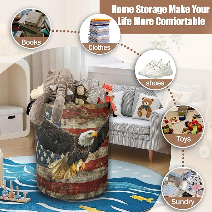 American Flag Eagle Laundry Basket,Waterproof Foldable Laundry Hamper,Dirty Clothes Basket, Linen Bin Storage Organizer Collection 16" x 20.8"