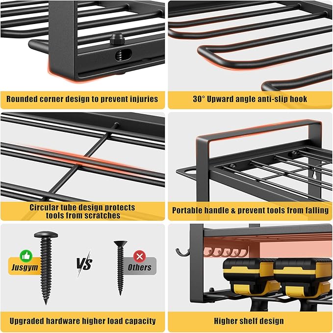 Power Tool Organizer Wall Mount, 4-Tier Tool Storage Rack with 8 Drill Holders, 400LBS Load Heavy Duty Cordless Tool Shelf for Garage Organization, Gift for Men