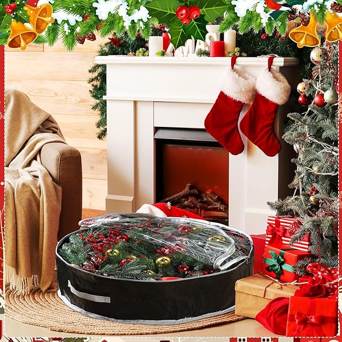 Aliceset 4 Pack Wreath Storage Containers, Christmas Ornament Garland Wreath Storage Bags with Handle Dual Zipper Large Decorative Storages Box for Winter Wreaths(36 x 36 x 7.8 Inch,Black)