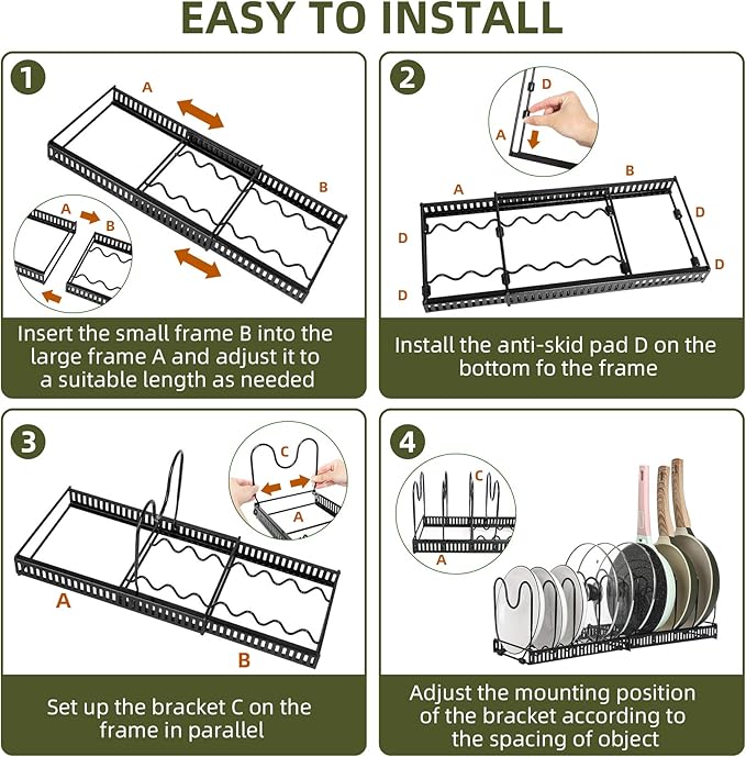 ROOHUA Pot Rack -Expandable Pan Organizer for Cabinet, Lid Holder with 10 Adjustable Compartment for Kitchen Cabinet Cookware Baking Frying Rack