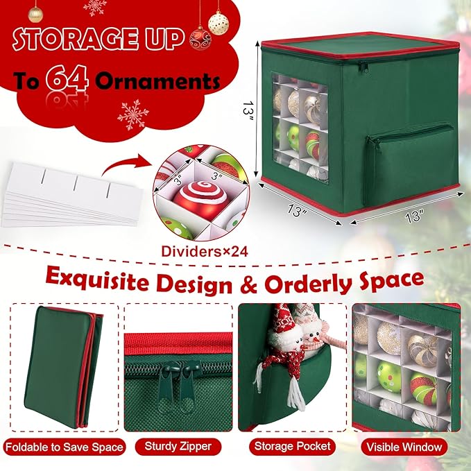 Christmas Ornament Storage Box, Premium Ornaments Organizer with Adjustable Dividers Pocket Clear Window Store Up to 64 Holiday Ornaments Storage Container Bin Zippered for Christmas Decorations Green