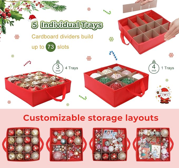 Premium 2-in-1 Large Christmas Ornament Storage Box & Xmas Figurine Container, Nutcracker Storage with Adjustable Dividers,5 Separate Trays Keep 73 Holiday Ornaments, 600D Tear-Proof Oxford, Foldable