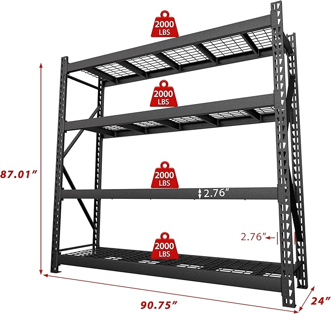 Yardenaler 8000LBS Storage Shelves, 4-Tier Adjustable Metal Shelving Units, Iron Industrial Shelving for Garage, Warehouse, Basement, 91 "W x 24 "D x 87 "H, Black