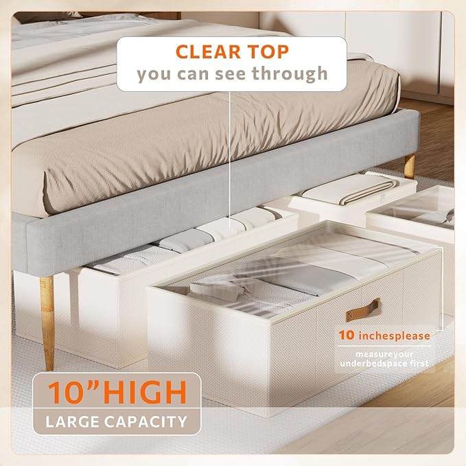 Chizjox 10inch 3 Pack Under Bed Storage Containers, 10 Inch Tall Underbed Clothes Storage Organizer Bin with Clear Window，Foldable Box Basket for Clothes, Closet, Bed Sheets and Blankets White