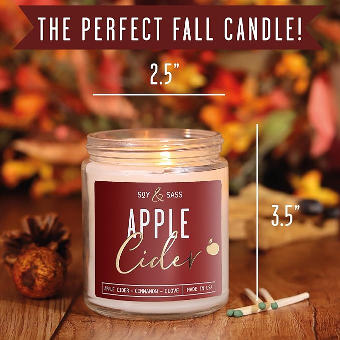 Apple Cider Candle, Fall Candles I Apple Cider, Cinnamon & Nutmeg - Infused with Essential Oils I Mulled Cider Fall Scented Candle (Soy) for Home I 9oz Reusable Jar I 50Hr Burn I Made in USA