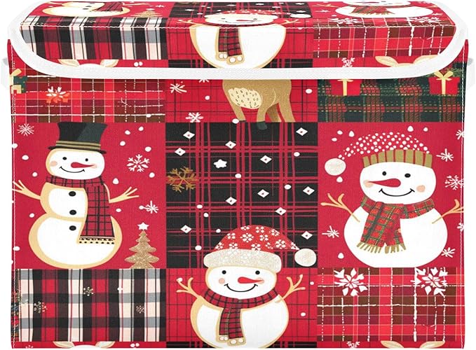 senya Christmas Baskets Collapsible Storage Bins with Lids, Red Christmas Plaid Snowman Storage Boxes Clothes Baskets for Organizing
