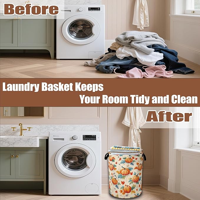 Thanksgiving day Laundry Baskets,Autumn Pumpkins Flowers Leaves Laundry Hamper,Storage Basket with Handles for Bathroom Bedroom College Dormitory Living Room Nursery Organizer 16"x20.8"