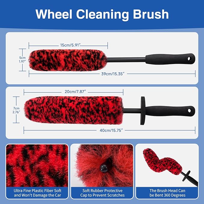 KLeXiC 5 Pack Car Wheel and Tire Cleaner Brushes Kit Auto Motorcycle Rim Ultra Soft Microfiber No Spatter Bendable Woolies Bristle Cleaning Set (Red & Black)