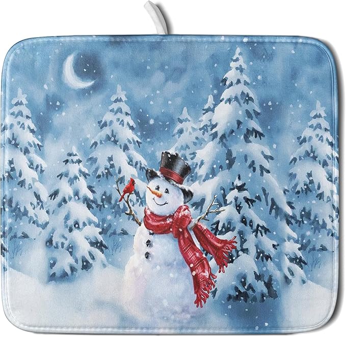 Blue Snowman Dish Drying Mat Winter Pine Tree Drainer Rack Mats 16x18 Inch Absorbent Fast Dry Dish Pad Protector Kitchen Counter Accessories