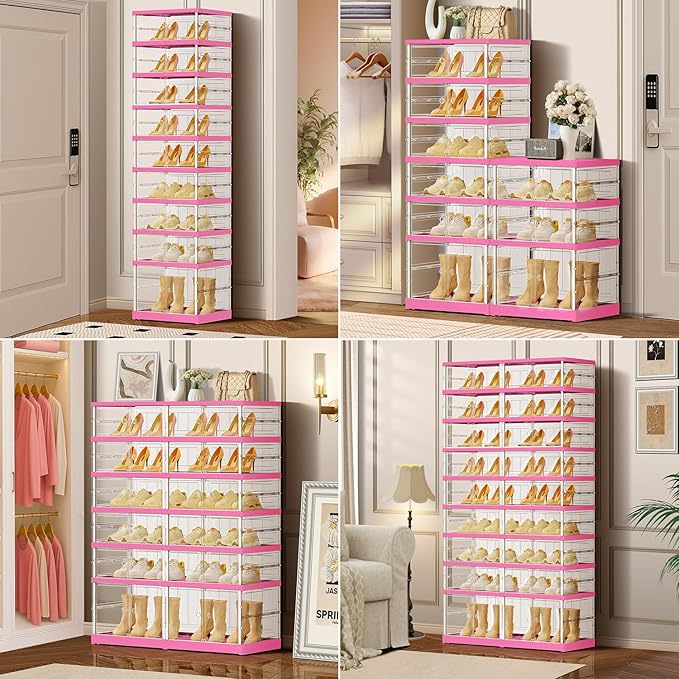 3-Tier Foldable Shoe Rack for Closet Entryway 6-12Pairs, Stackable Clear Shoe Storage Boxes Organizer with Door Plastic Small Shoe Cabinet Bins with Lids Shoes Shelf Easy Assembly（White-Pink）