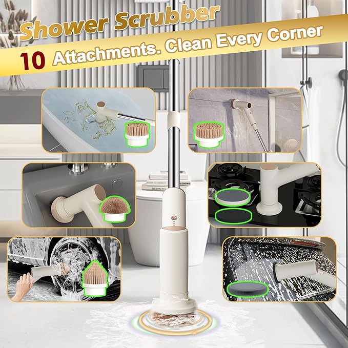 Electric Spin Scrubber, 2600mAh Battery with Extra-Long Runtime, 10 Brush Heads, IPX7 Waterproof Power Shower Scrubber with Long Handle, 2 Speeds Cordless Cleaning Brush for Bathroom Bathtub
