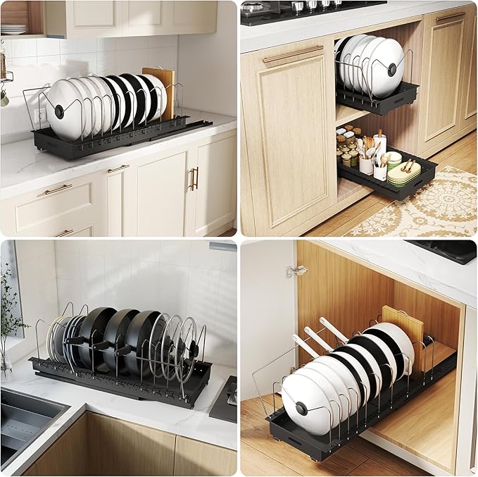 Expandable Pots and Pans Organizer Under Cabinet, Sliding Pot Lid Holder and Pan Rack in Kitchen,Pull Out Pan Organizers with 10 Adjustable Dividers, Slide Out Cookware Organizer for Kitchen Storage