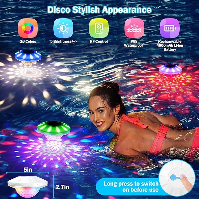 Floating Pool Lights, Upgraded Pool Lights with 6 Dynamic Lighting Effects, Rechargeable 4000mAh IP68 Waterproof Upper and Lower RGB Color Changing Light with Remote for Pond, Hot Tub 1 Pack