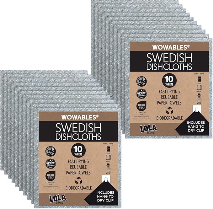 LOLA Swedish Dishcloths for Kitchen 20 Sheets, Biodegradable & Compostable Reusable Paper Towel Cleaning Cloths Zero Waste No Odor Washing Dishes Ultra Absorbent Cellulose Sponge Towel Made in Germany