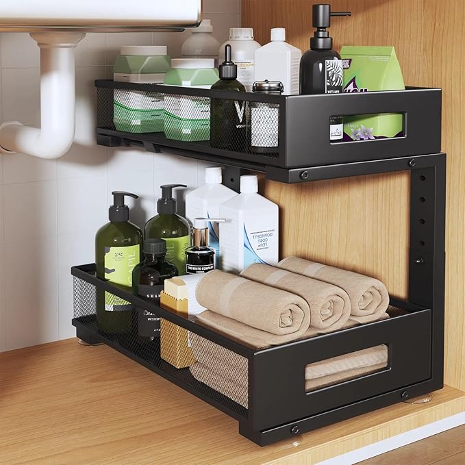 1 Pack 17IN Depth Under Sink Organizer, 2-Tier Pull Out Cabinet Organizer With Smooth Circular Rail, Large Capacity Metal Mesh Sliding Drawers For Bathroom& Kitchen Storage,Height Adjustable –Black