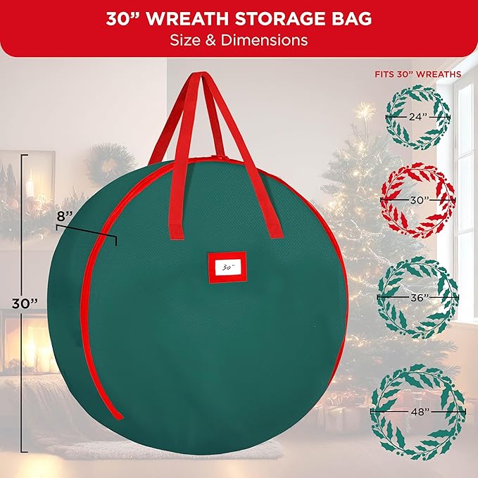 HOLDN’ STORAGE Premium Wreath Storage Bag - Durable Material - Waterproof - Heavy-duty Christmas Storage Container for Xmas Wreath with Dual Zipper Closure, Tear-proof, 30"W x 7.5"D - Green