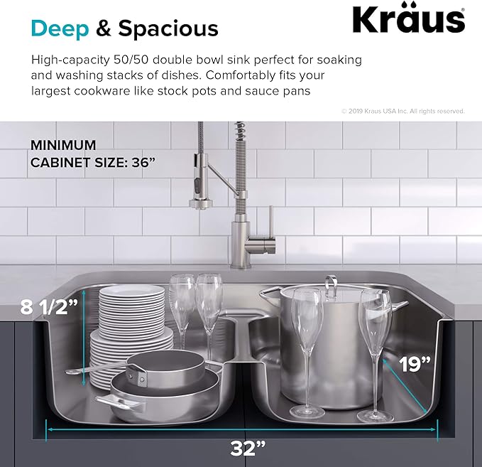 KRAUS Premier 32-inch Undermount 50/50 Double Bowl Low Divider 18-Gauge Stainless Steel Kitchen Sink with Strainers (x2), KBU32