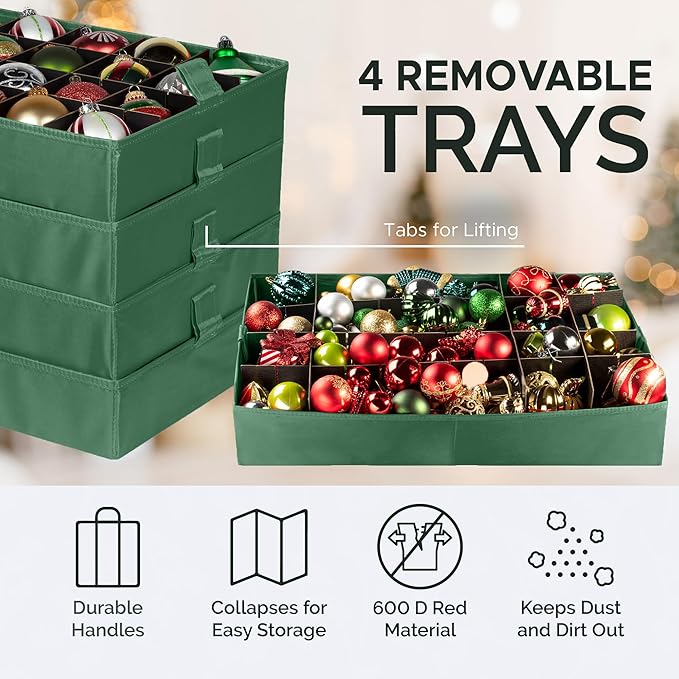 Christmas Ornament Storage Container,Box Stores Up to 96-3 inch ornaments, Adjustable Dividers, Large Organizer Bin to Protect and Store Holiday Décor - Green