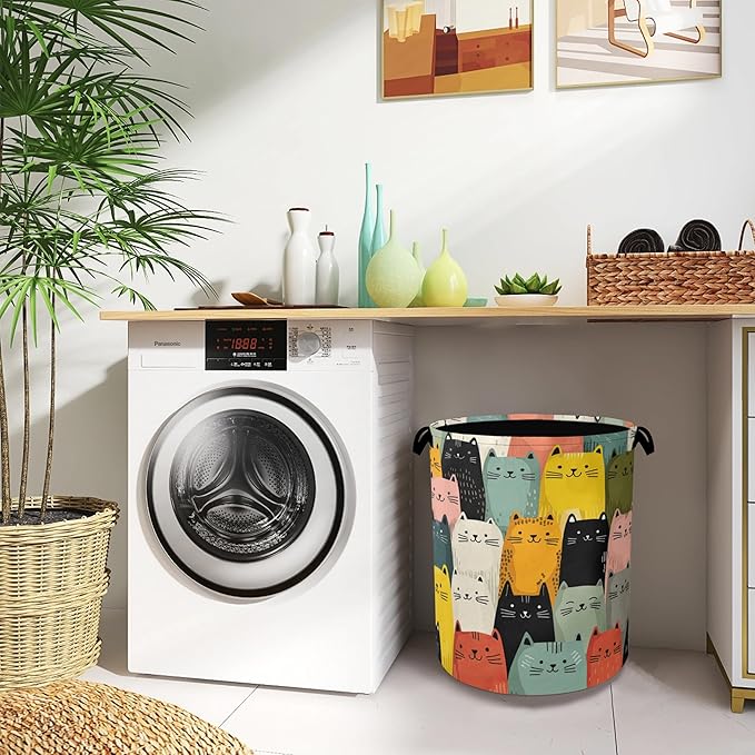 Cute Cat Laundry Basket,Foldable with Handles Tote Bag Oxford Cloth for Bathroom Bedroom Dirty Clothes Storage Bucket 16" x 20.8"