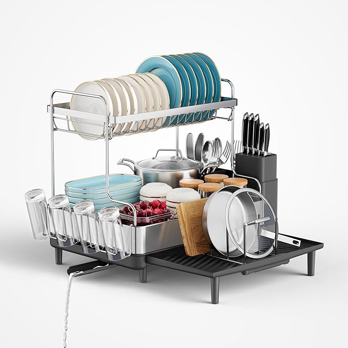 SUNLY 2 Tier Dish Drying Rack, Extra Large Dish Rack, Expandable Dish Racks for Kitchen Counter, Multifunctional Large Dish Drainers for Kitchen Counter, Black