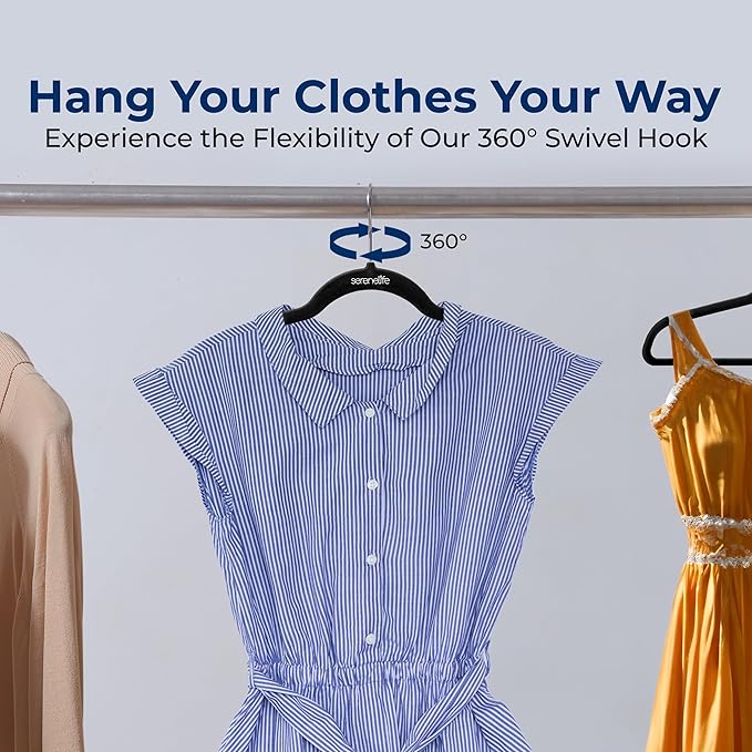 SereneLife 20 Pack Velvet Hangers – Non-Slip Clothes Hangers with Heavy Duty Design, Slim Space-Saving Coat Hangers with 360° Swivel Hook, Strong Lightweight Closet Organizer Set for Clothes (Black)