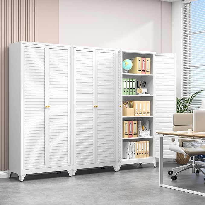 75" Kitchen Pantry Cabinet, White Metal Storage Cabinet with Doors and 4 Adjustable Shelves, Tall Metal Pantry Cabinets, Large Cupboard for Kitchen, Dining Living Room, Bathroom, Office