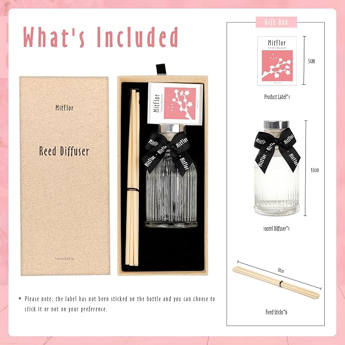Cherry Blossom Reed Diffuser Set, MitFlor Premium Home Fragrance Diffuser with 6 Natural Rattan Sticks, Romantic Floral Scents for Office & Home Décor, Essential Oil Reed Diffuser Gift Set, 3.4 fl oz