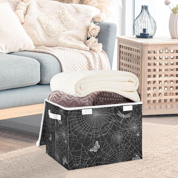 Halloween Baskets Collapsible Storage Bins with Lids, Spiderweb Butterfly Dragonfly Storage Boxes Clothes Baskets for Organizing