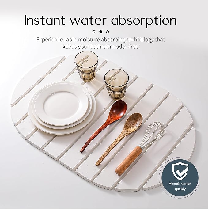 Large Stone Dish Drying Mat for Kitchen Counter,Absorbent Diatomaceous Earth Bath Mat Instant Drying Pad Foldable and Super Absorbent Mat for Dishes Cups Bottles (Oval 23*15.3in)