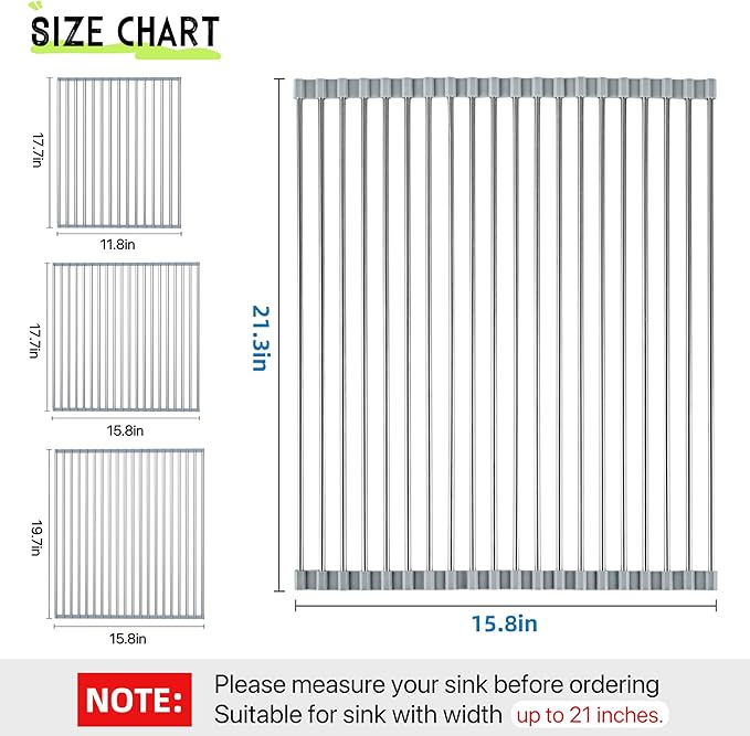 Sayehuanye Roll Up Dish Drying Rack, 21.3" x 15.8" Over The Sink Dish Drying Rack, Kitchen Dish Rack Foldable Dish Drainer, Stainless Steel Dish Drying Rack for Kitchen Sink Counter Storage (Grey)