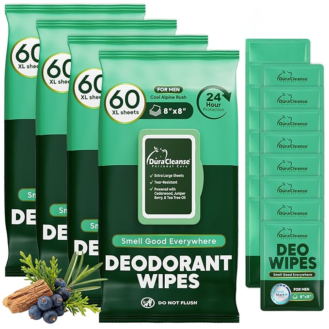 Deodorant Wipes for Men - Freshening Body Towelettes for Post-Workout, Travel, and Daily Deodorizing - On-the-Go Fresh Scent Cleansing Wipes, 240 Count (4 Pack)