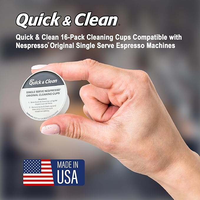 Quick & Clean 16-Pack Cleaning Pods Compatible with Nespresso Original Single Serve Espresso Machines - Removes Stains, Non-Toxic and Eco-Friendly