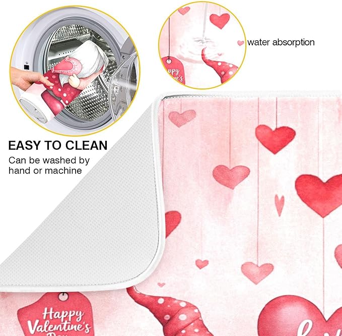 Valentine’s Day Gnomes Dish Drying Mat for Kitchen Countertop 16x18 Pink Love Heart Pink Small Drying Mat Reusable Quick Dry Dish Sink Mats Easy Clean Decorative Essentials