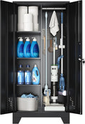 61" Broom Closet Storage Cabinet, Metal Storage Cabinet with Doors, Utility Cabinets for Brooms and Mops, Cleaning Tool Cabinets for Garage, Laundry Room, Bathroom