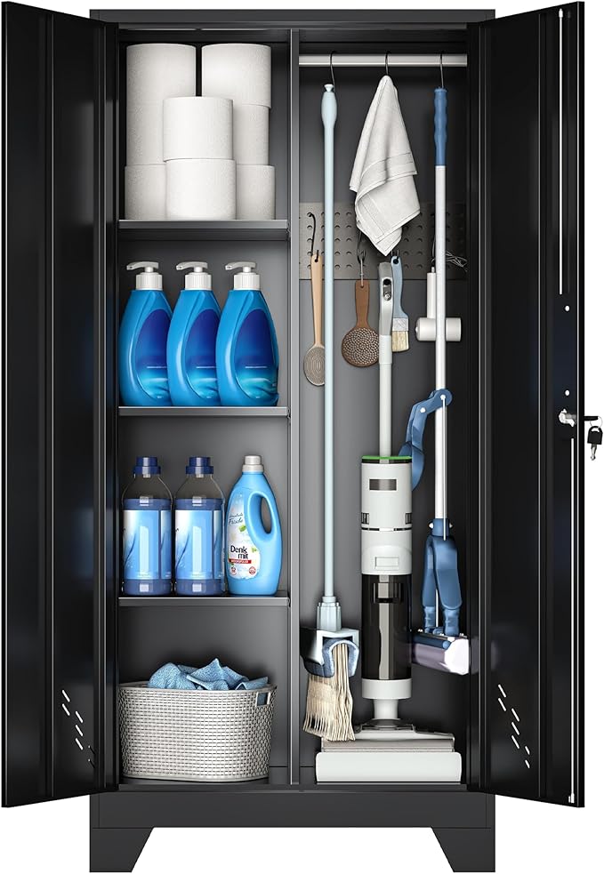 61" Broom Closet Storage Cabinet, Metal Storage Cabinet with Doors, Utility Cabinets for Brooms and Mops, Cleaning Tool Cabinets for Garage, Laundry Room, Bathroom