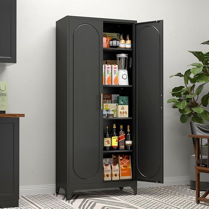 Metal Storage Cabinet with Doors, 75" Tall Kitchen Pantry Storage Cabinets, Black Pantry Cabinets with Adjustable Shelves, Home Office Cabinet, Large Cupboard, High Leveling Feet- Assembly Required