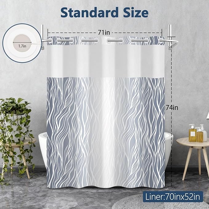Ombre Light Blue Striped Shower Curtain with Liner, Aesthetic Hotel Luxury Bathroom Curtains, Modern Geometric Minimalist Double Layers No Hook Shower Curtain, Washable Waterproof Fabric, 71x74 inch
