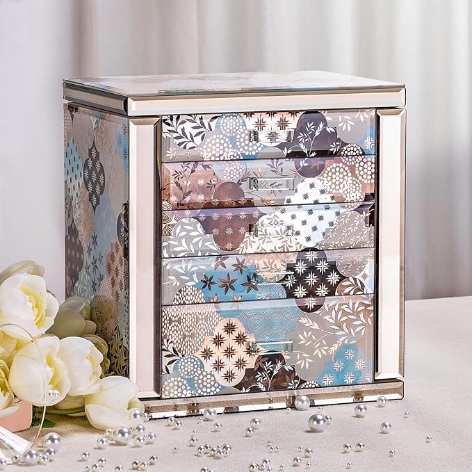 High End Glass Jewelry Box - 5 Layer Jewelry Organizer with 2-Sided Doors and Mirror - Velvet-Lined Organizer For Ring, Necklace, Earring, Bracelet Storage - Valentine's Day Gift For Women